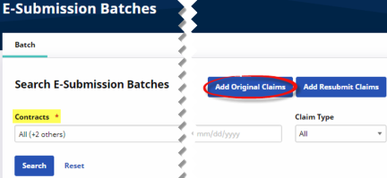 On the E-Submission Batches page, the Add Original Claims button displays at top right to add original claims.